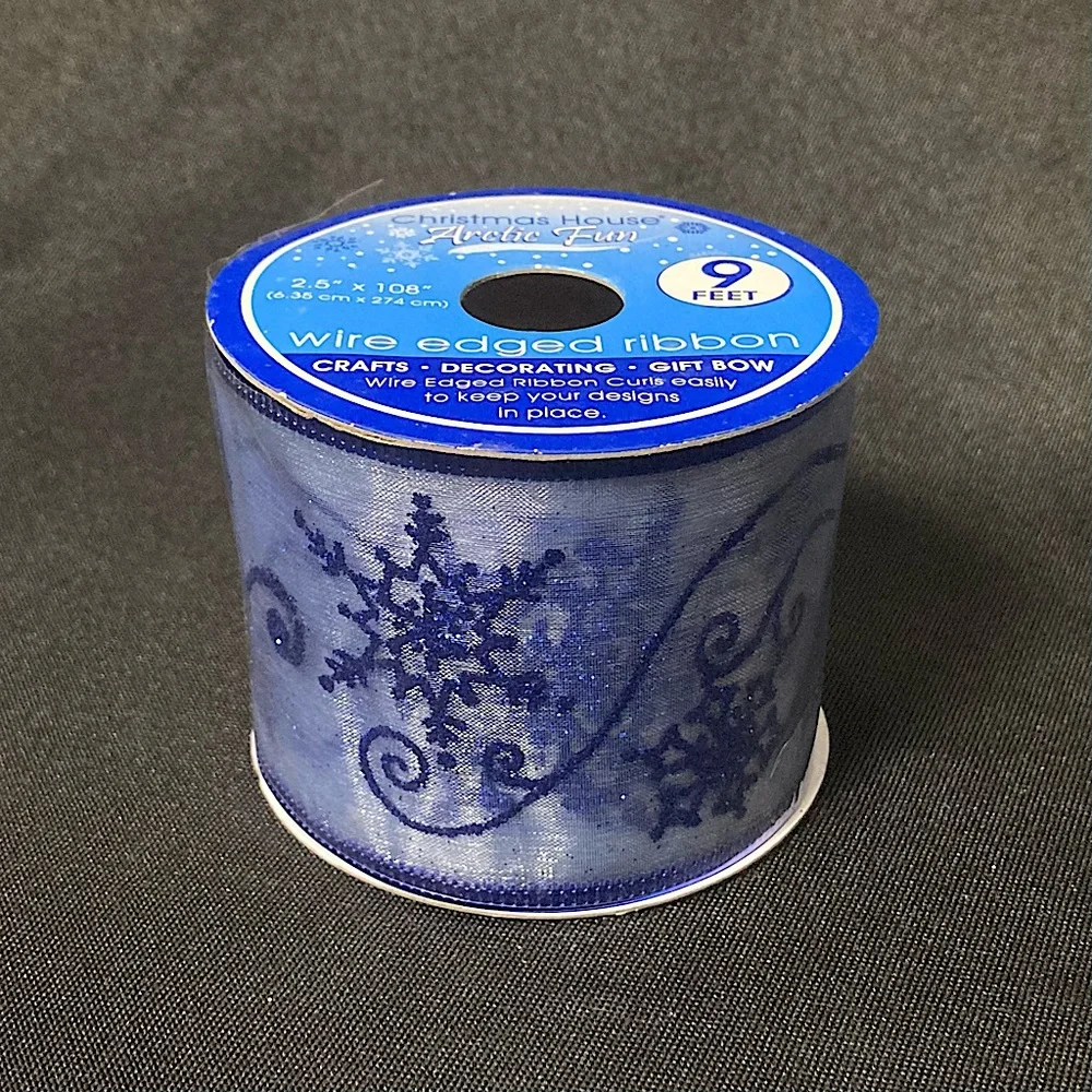 ⭐️ Christmas House Glittery Blue Snowflake Wire Edged Craft Ribbon 2.5” x 108”